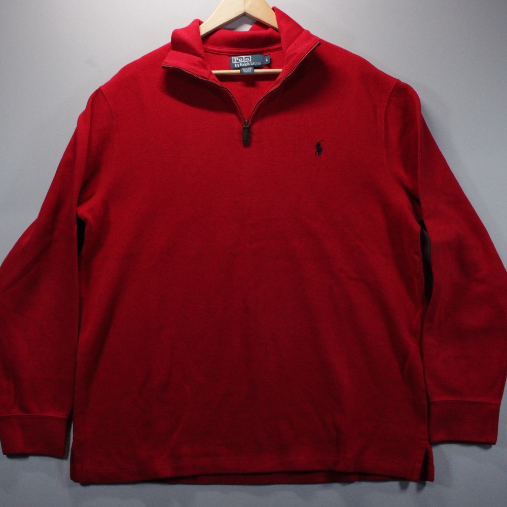 Polo Ralph Lauren Mens L Red Quarter Zip Cotton Knit Pullover Sweater Black Pony